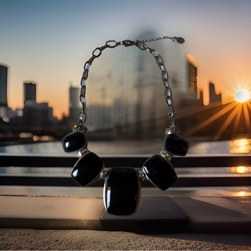 Vintage Liz Claiborne Silver Tone Black Enamel Statement Necklace, 16.5”
